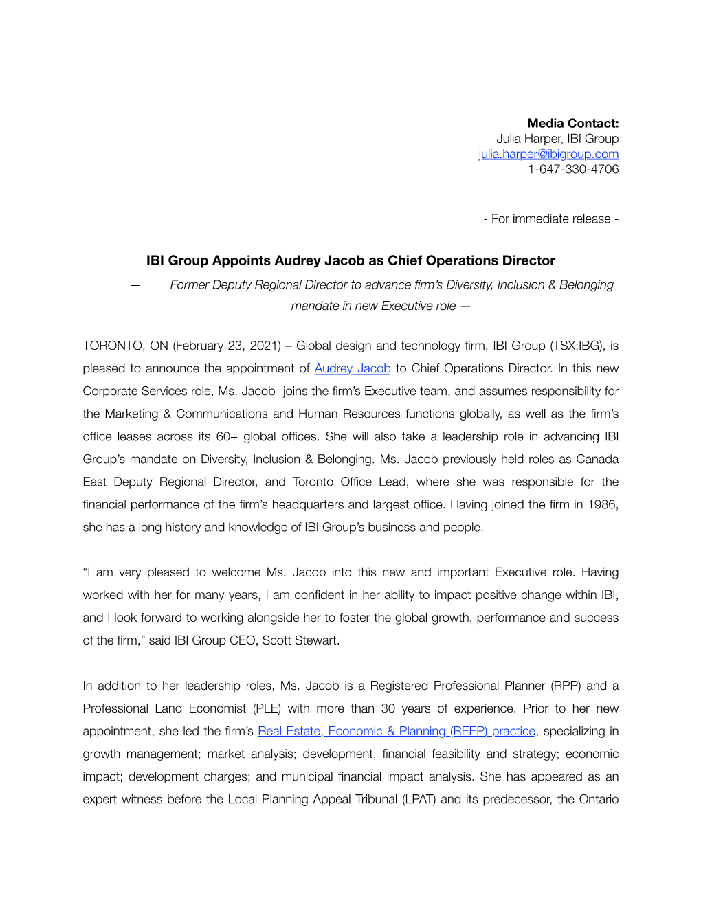 IBI Group Chief Operations Director Announcement 2021-02