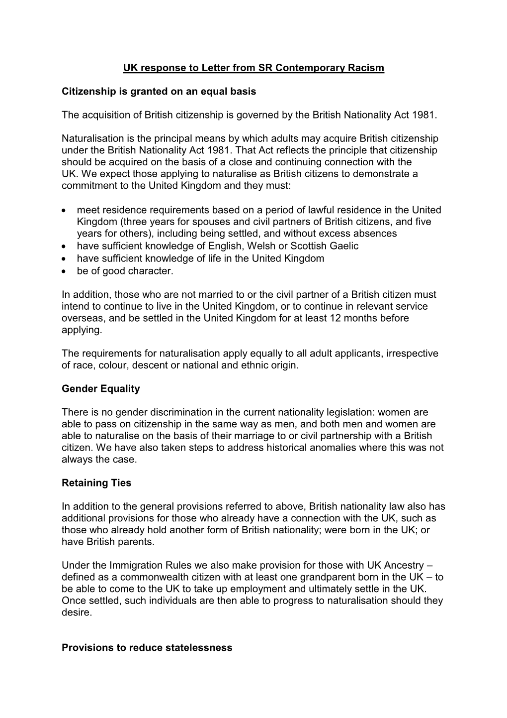 UK Response to Letter from SR Contemporary Racism Citizenship