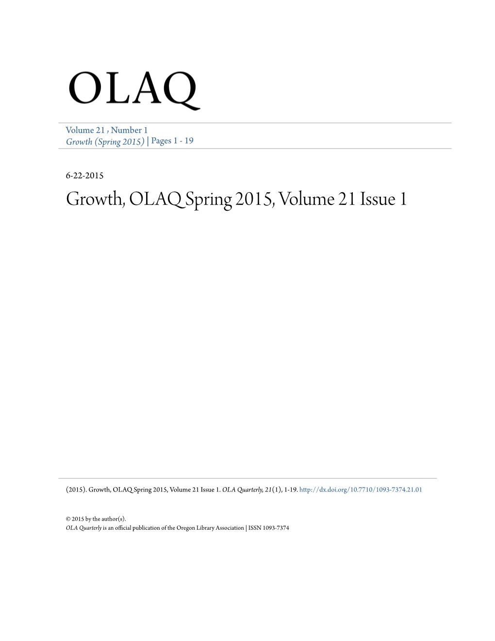 Growth, OLAQ Spring 2015, Volume 21 Issue 1