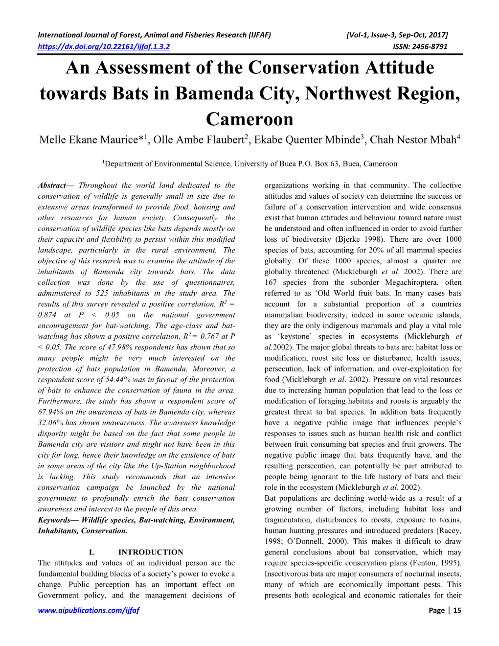 An Assessment of the Conservation Attitude Towards Bats in Bamenda