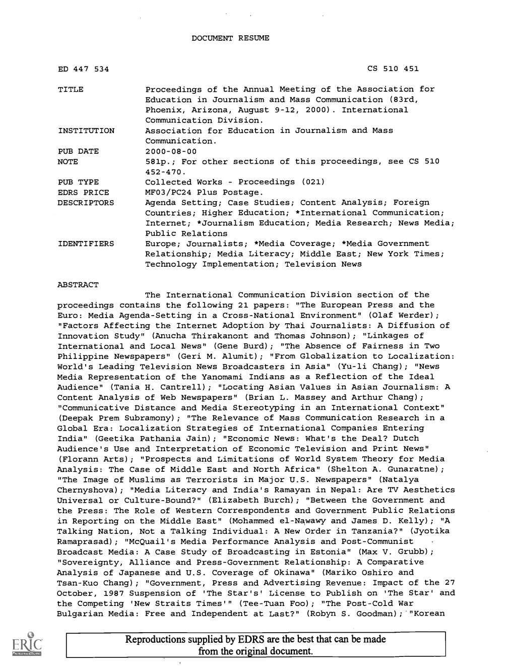 Proceedings of the Annual Meeting of the Association for Education in Journalism and Mass Communication (83Rd, Phoenix, Arizona, August 9-12, 2000)