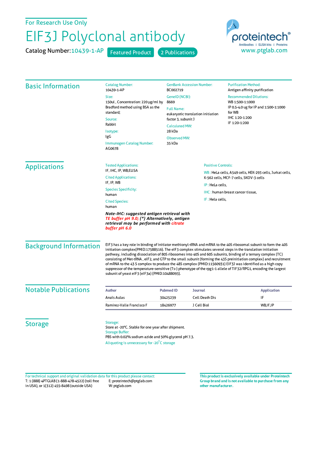 EIF3J Polyclonal Antibody Catalog Number:10439-1-AP Featured Product 2 Publications