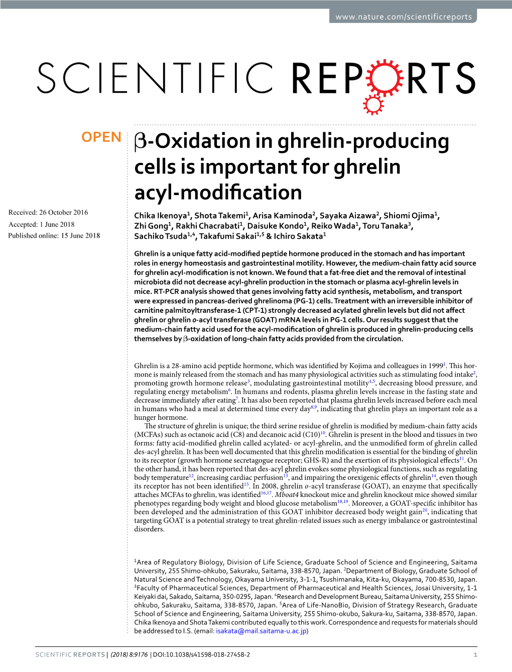 Β-Oxidation in Ghrelin-Producing Cells Is Important for Ghrelin Acyl