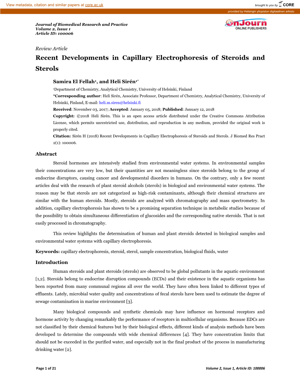 Recent Developments in Capillary Electrophoresis of Steroids and Sterols