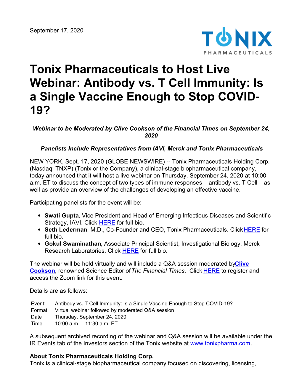Tonix Pharmaceuticals to Host Live Webinar: Antibody Vs