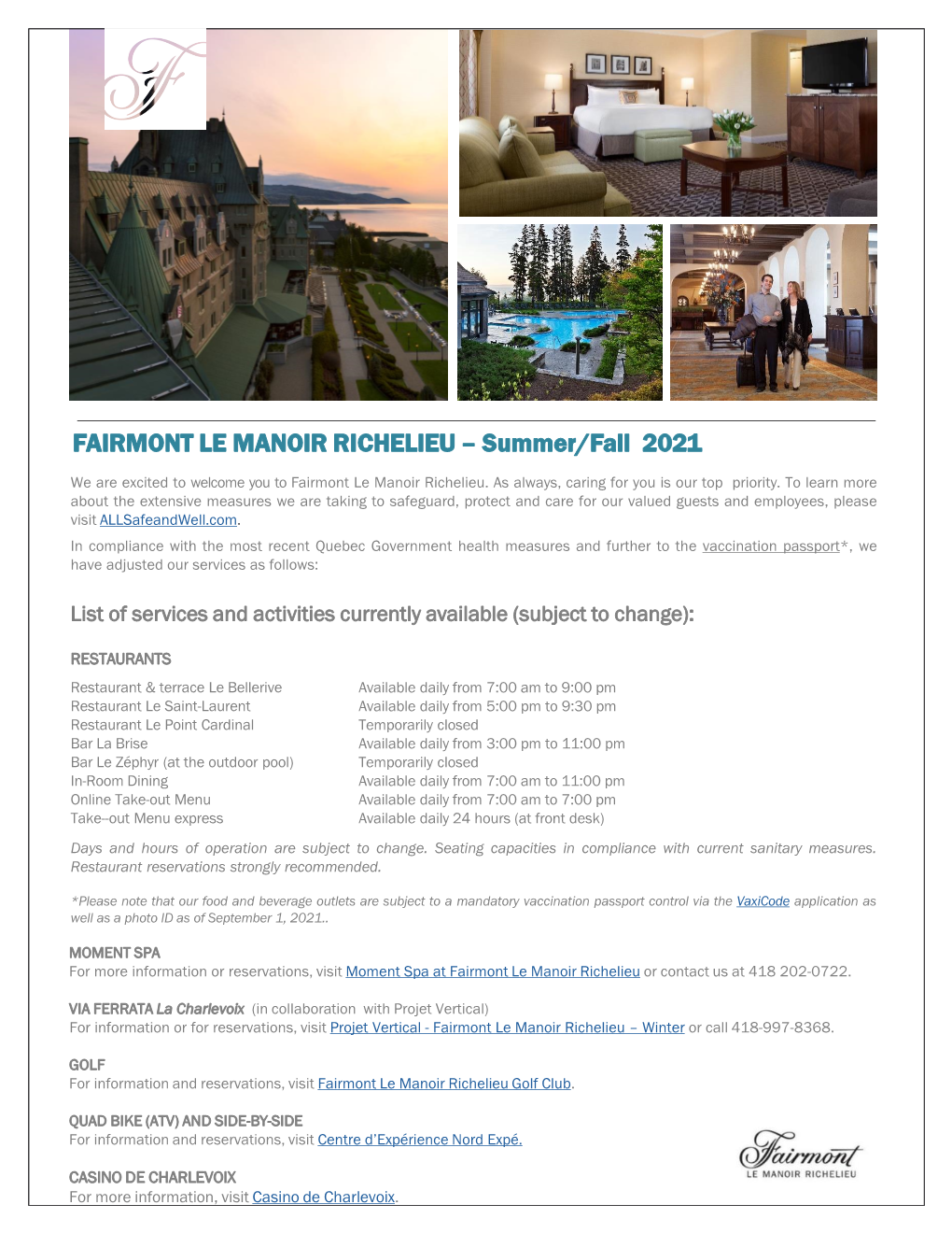 FAIRMONT LE MANOIR RICHELIEU – Summer/Fall 2021