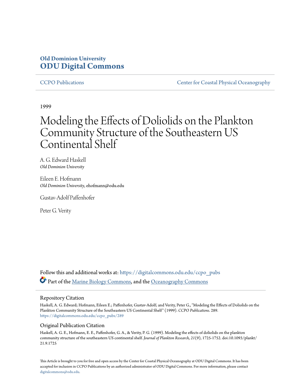Modeling the Effects of Doliolids on the Plankton Community Structure of the Southeastern US Continental Shelf A