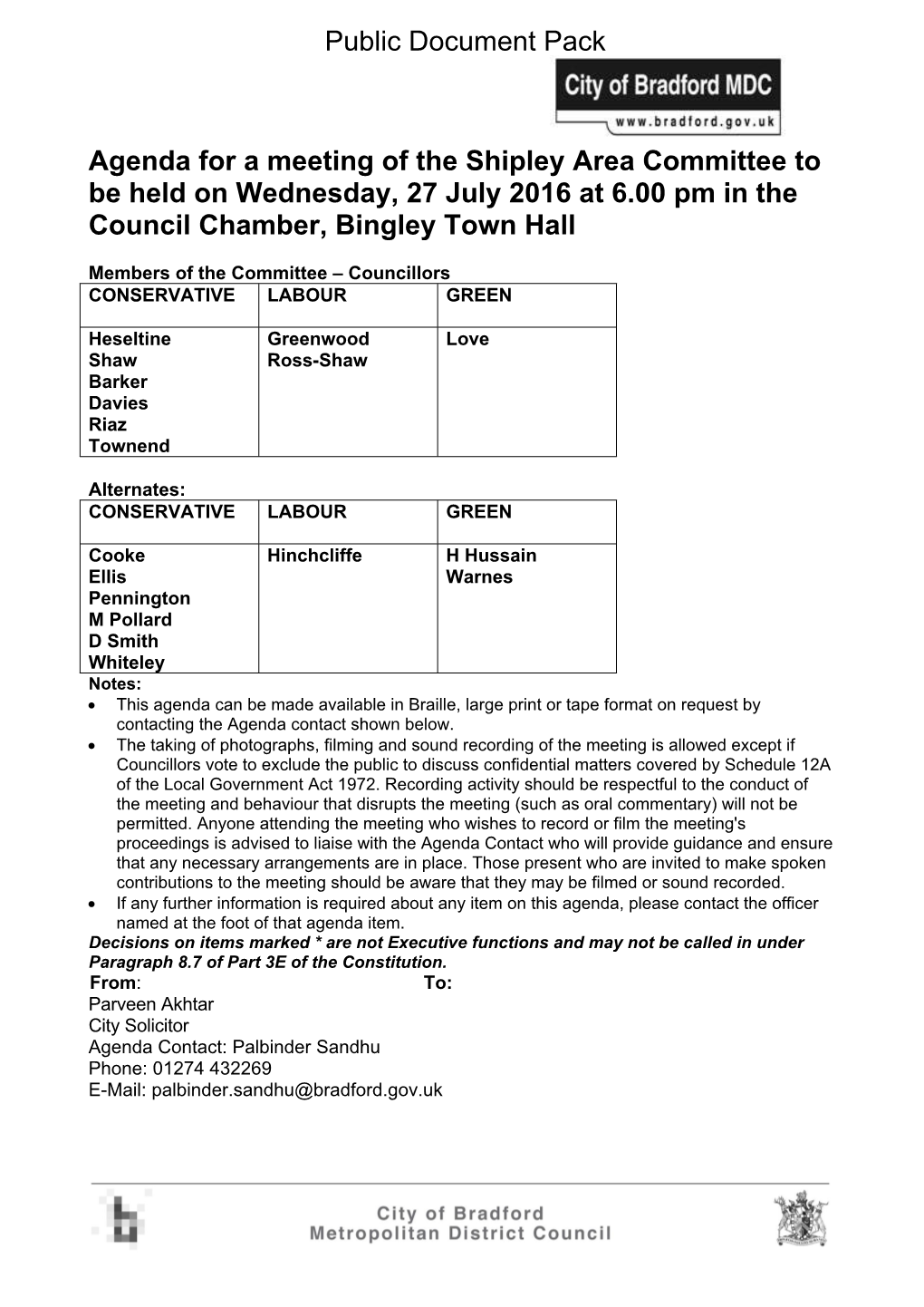 (Public Pack)Agenda Document for Shipley Area Committee, 27/07