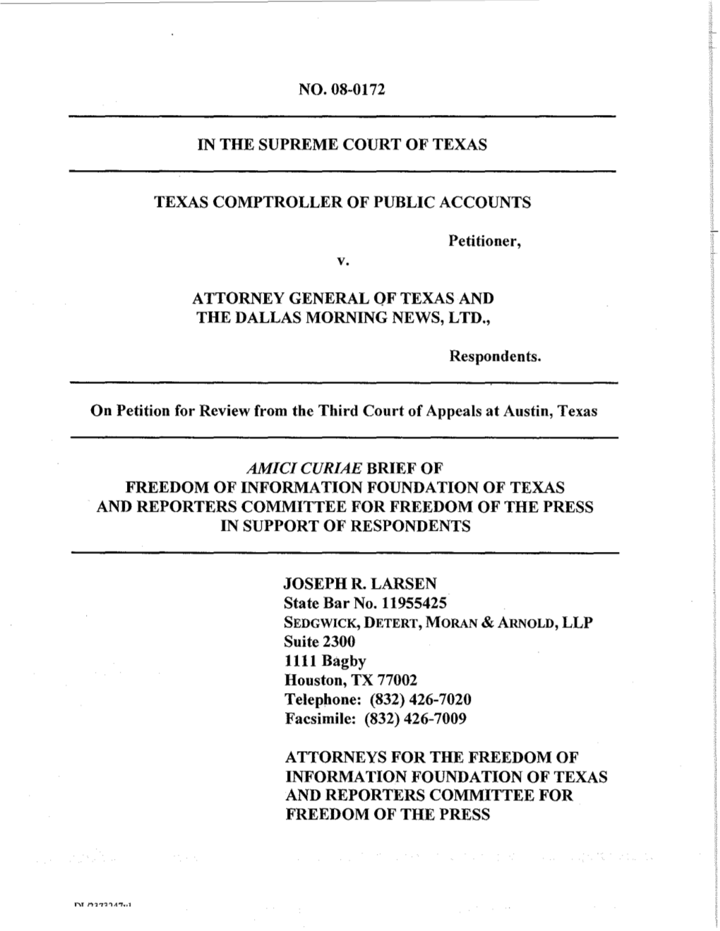 No. 08-0172 in the Supreme Court of Texas Texas