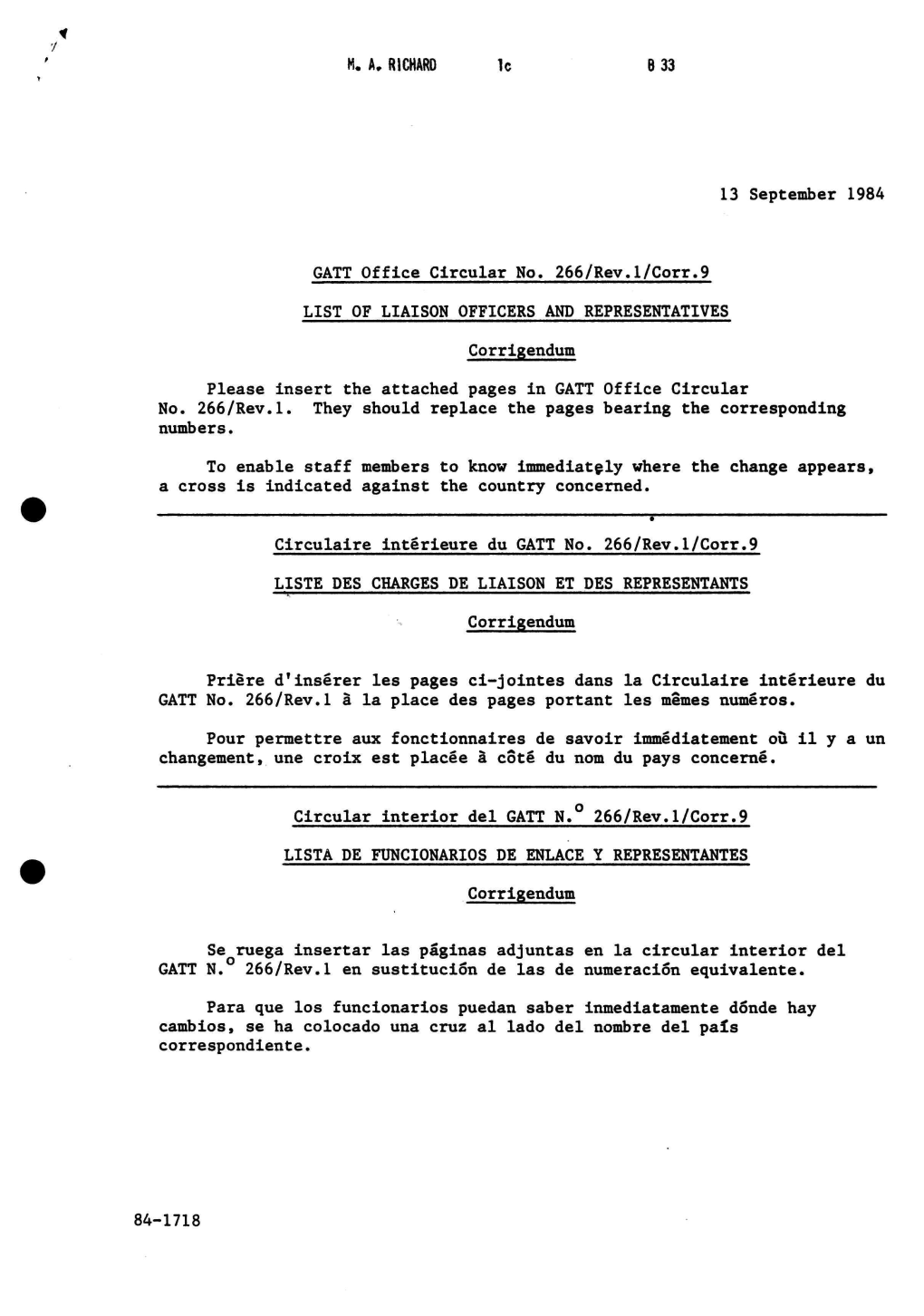 M. A. RICHARD Le B 33 13 September 1984 GATT Office Circular No. 266