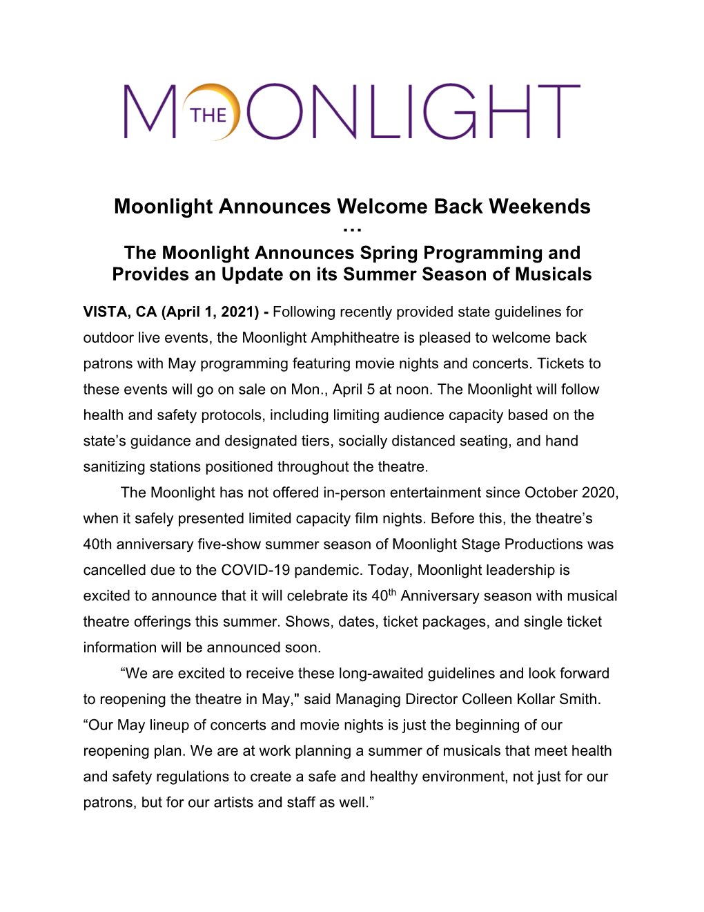 The Moonlight Announces May Reopening