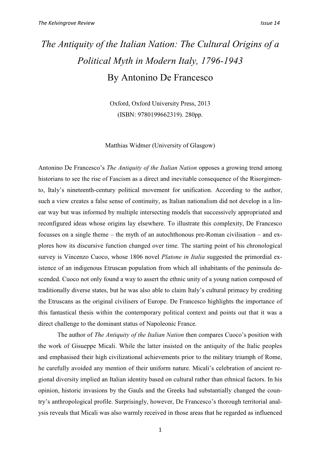 Antonino De Francesco, the Antiquity of the Italian Nation