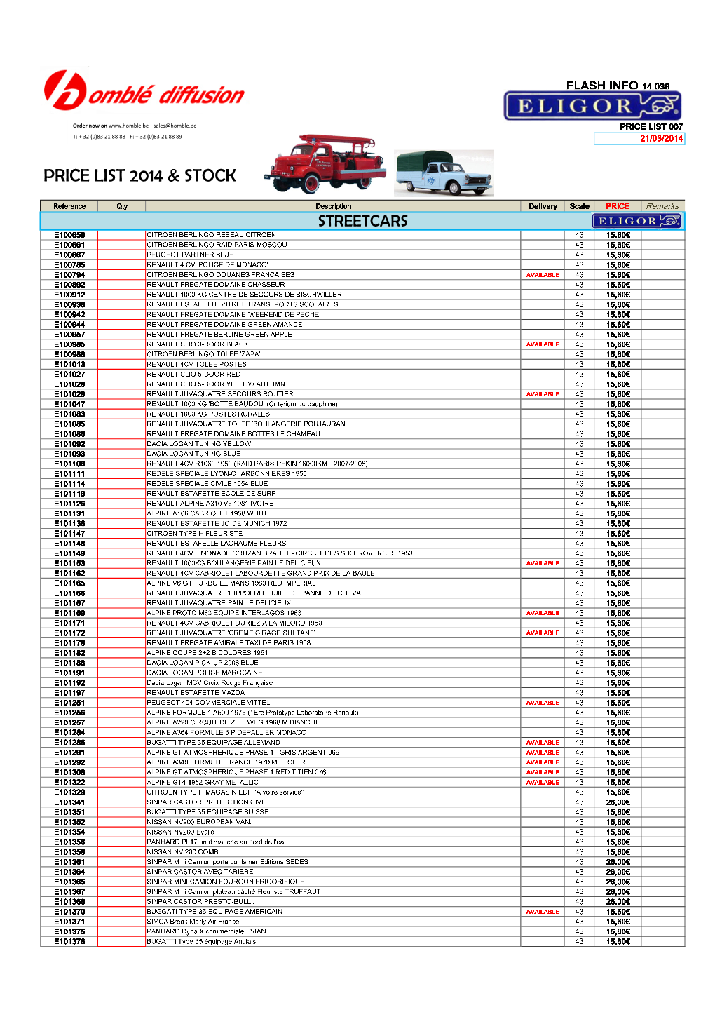 Price List 2014 & Stock