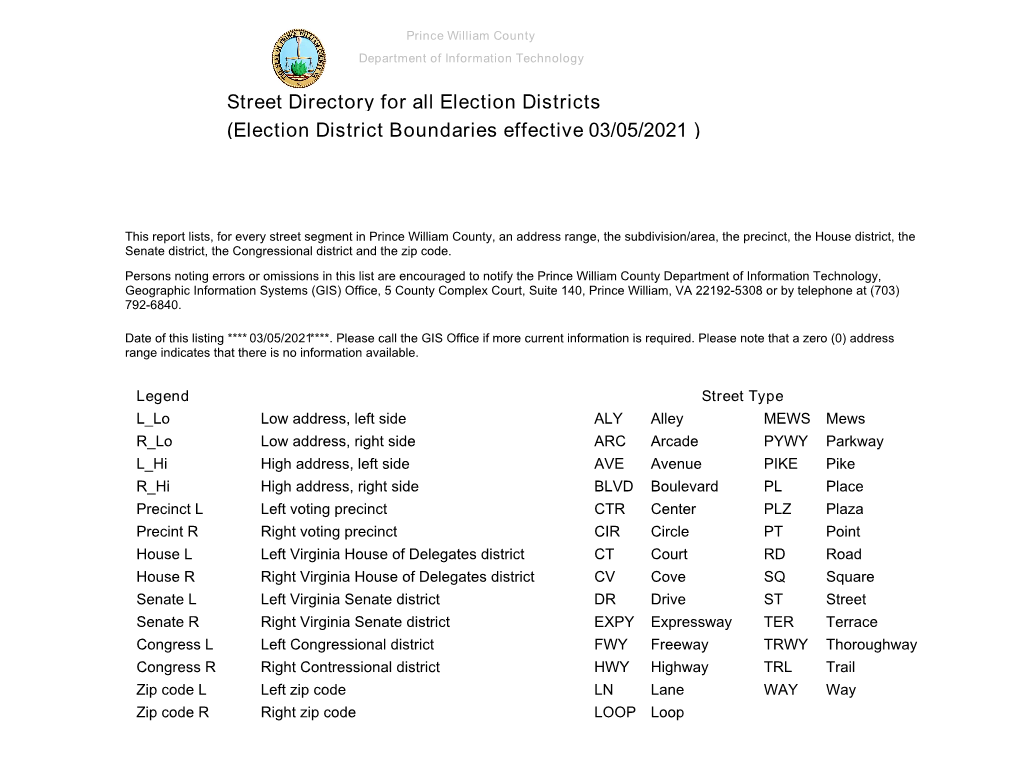 Street Directory for All Election Districts (Election District Boundaries Effective 03/05/2021 )