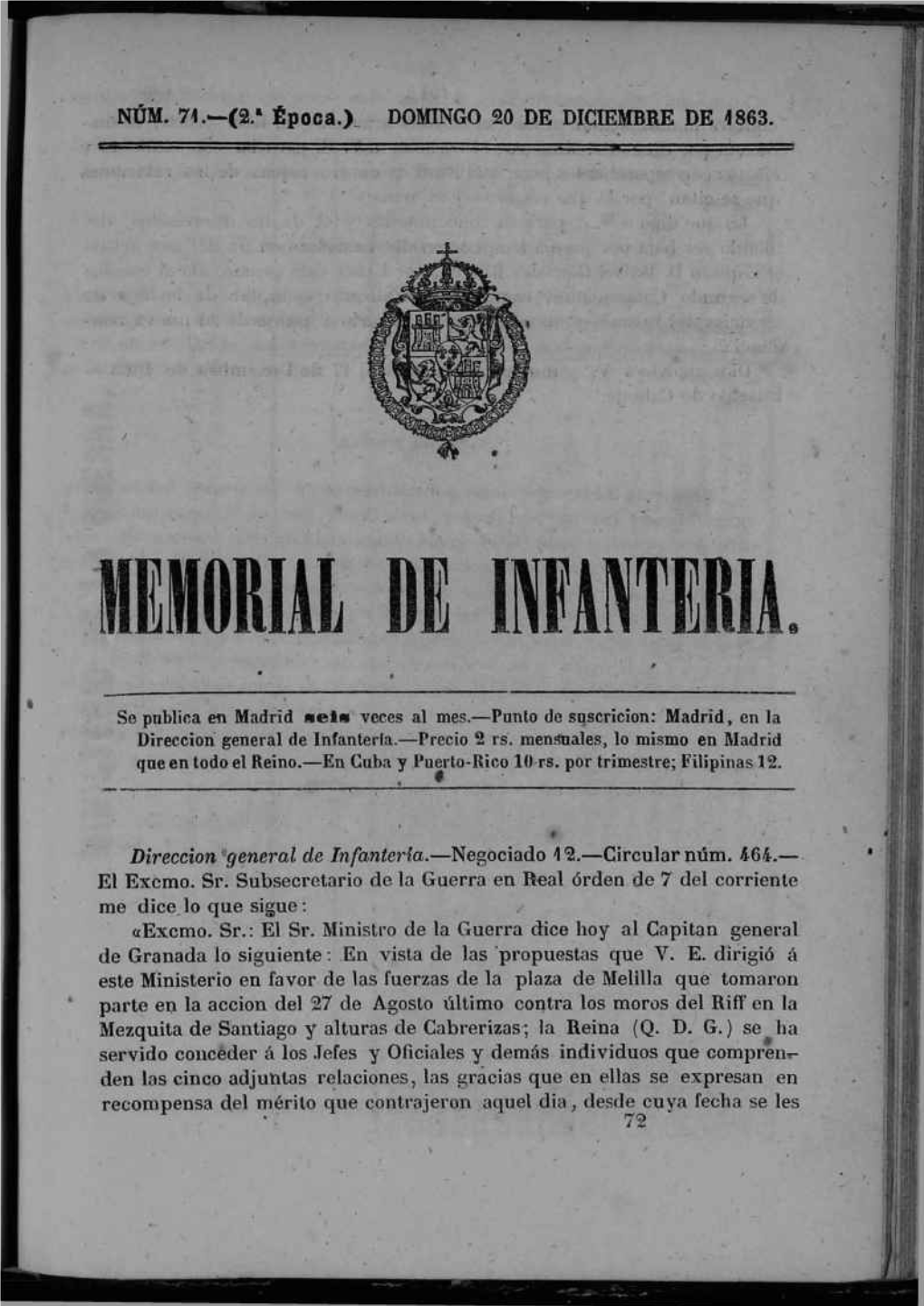 DOMINGO 20 DE DICIEMBRE DE 1863. Se Publica En Madrid