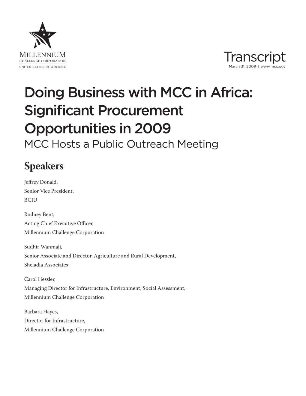 Transcript: Doing Business with MCC in Africa: Significant Procurement Opportunities in 2009, March 11, 2009