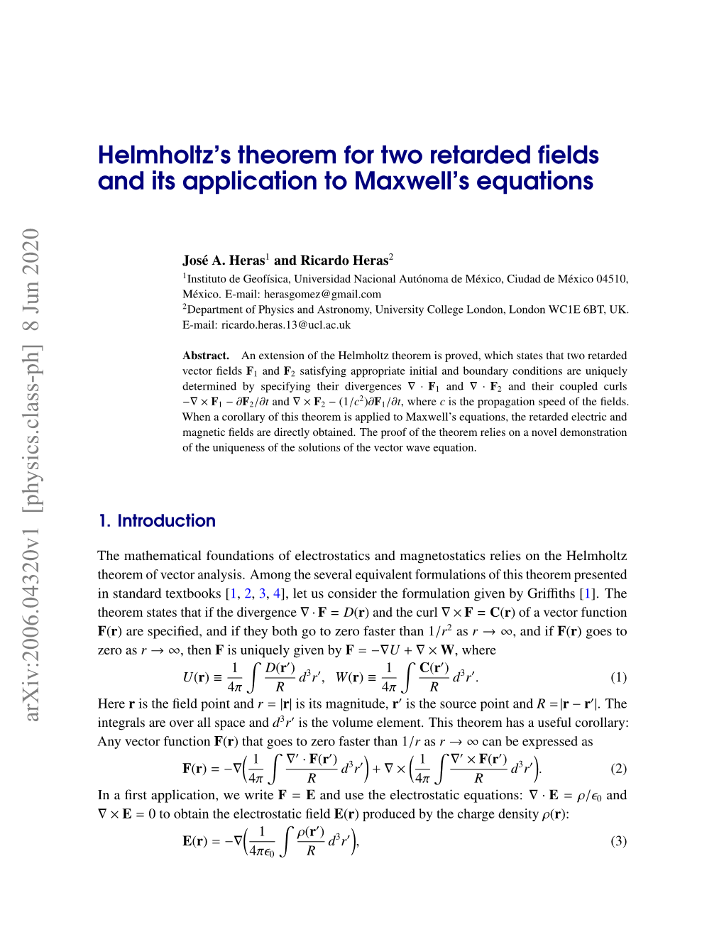 Helmholtz's Theorem for Two Retarded Fields and Its Application To