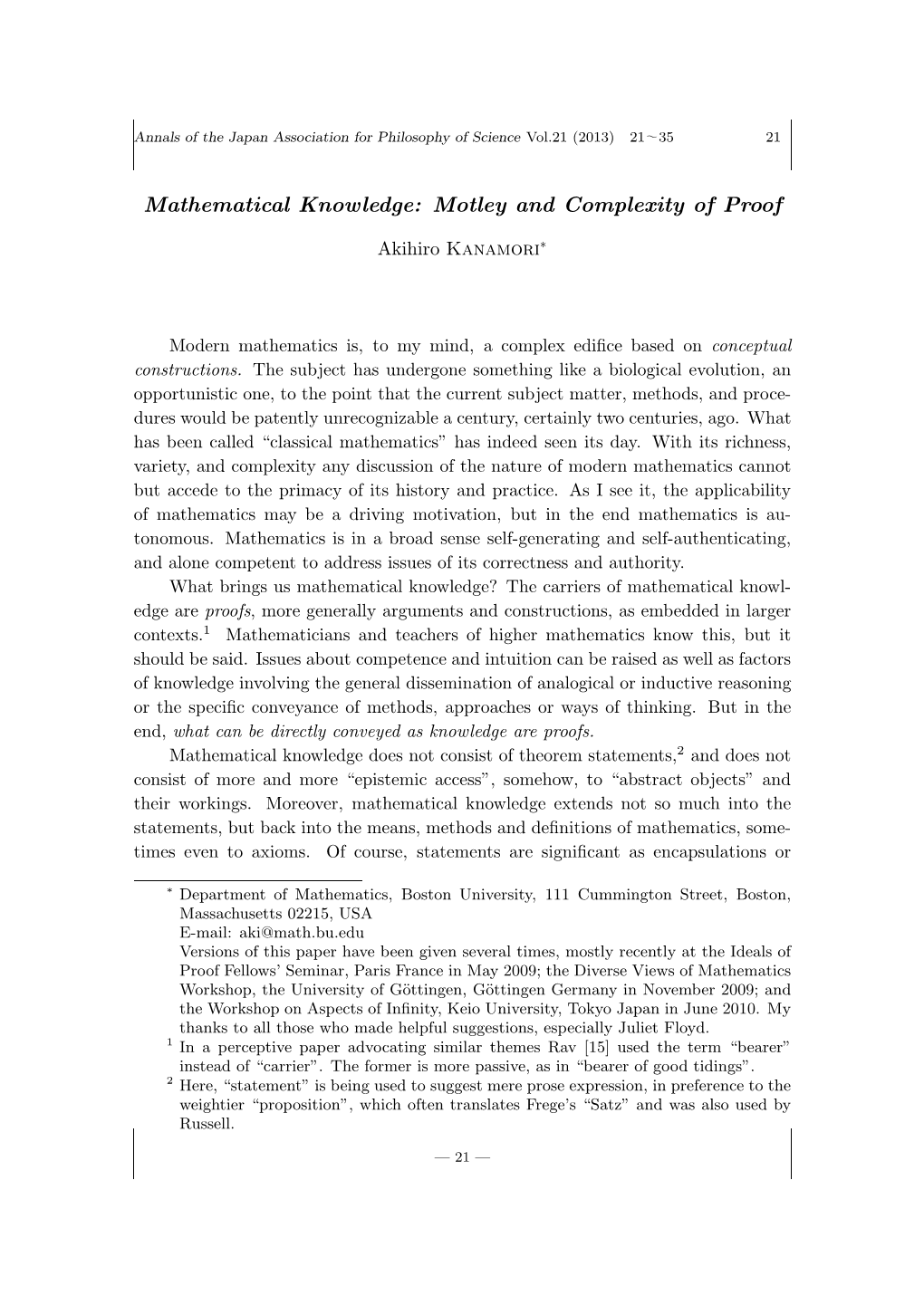 Mathematical Knowledge: Motley and Complexity of Proof