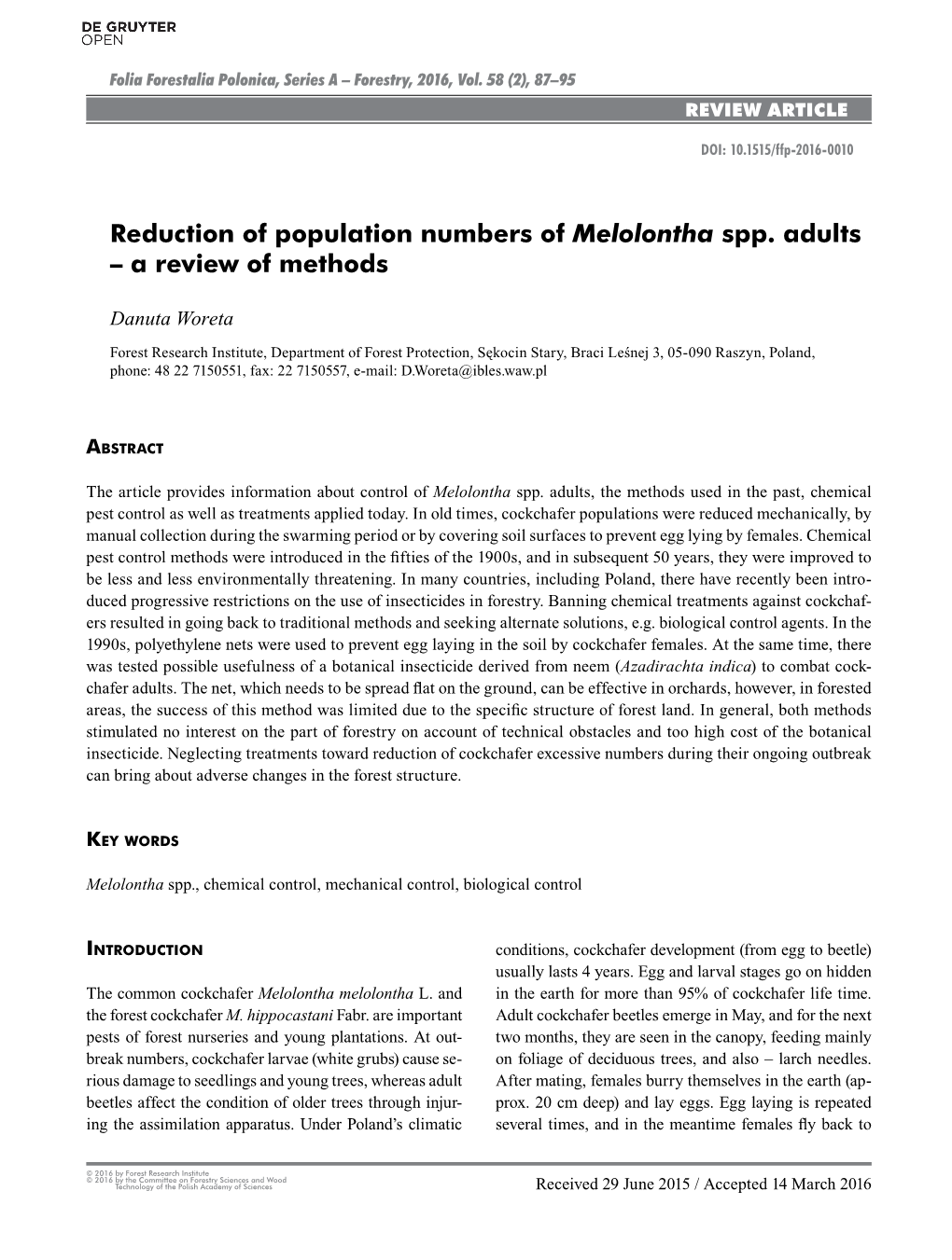 Reduction of Population Numbers of Melolontha Spp. Adults – a Review of Methods