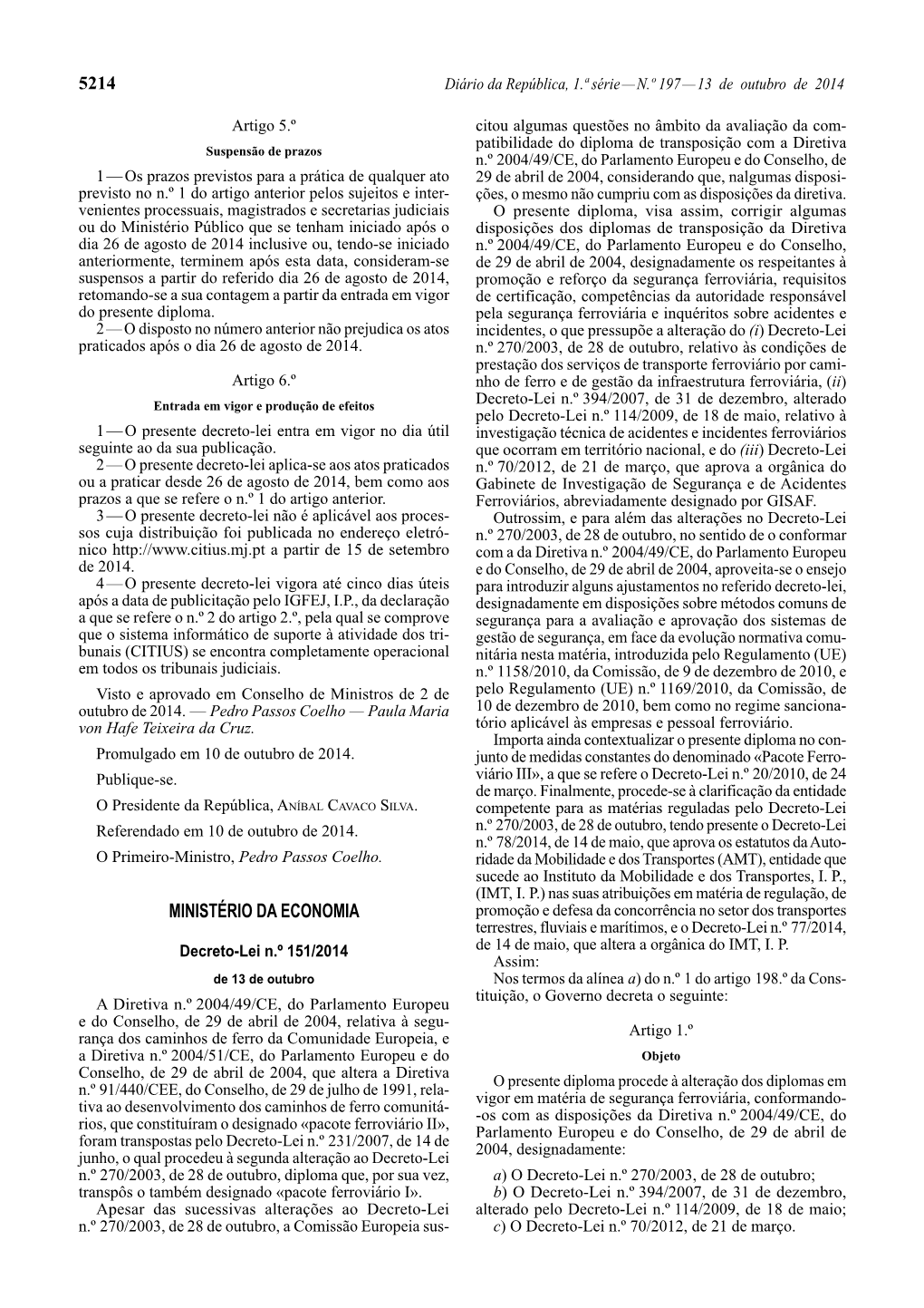 Decreto-Lei N.º 151/2014, De 13 De Outubro
