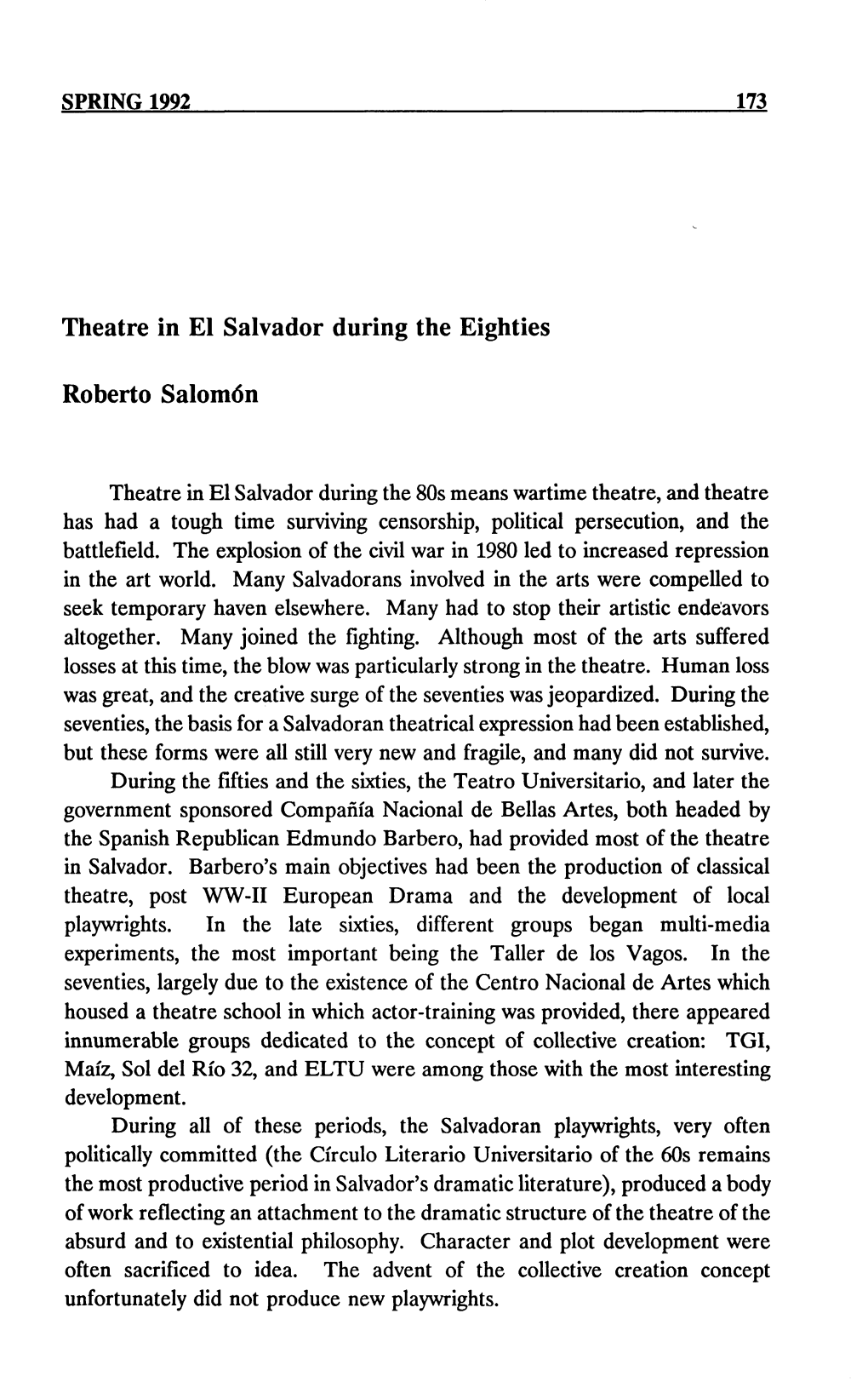 Theatre in El Salvador During the Eighties Roberto Salomón