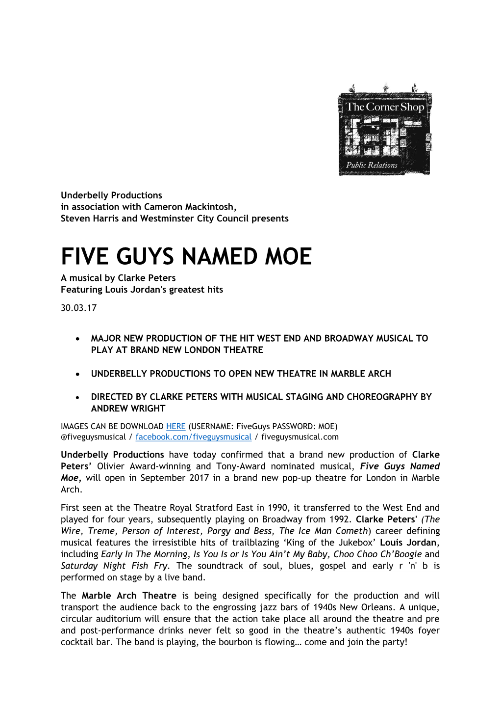 FIVE GUYS NAMED MOE a Musical by Clarke Peters Featuring Louis Jordan's Greatest Hits 30.03.17