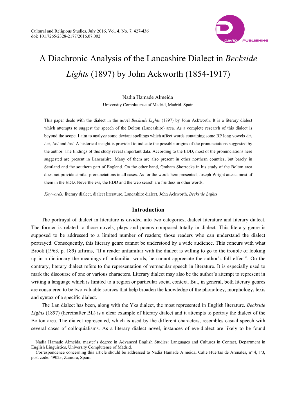 A Diachronic Analysis of the Lancashire Dialect in Beckside Lights (1897) by John Ackworth (1854-1917)