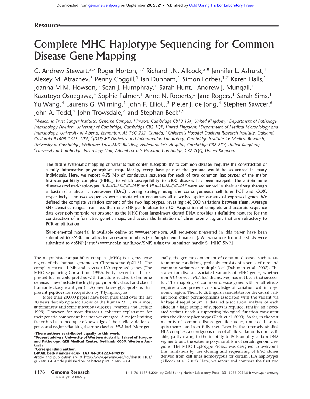 Complete MHC Haplotype Sequencing for Common Disease Gene Mapping