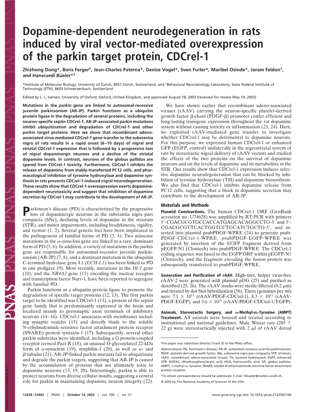 Dopamine-Dependent Neurodegeneration in Rats Induced by Viral Vector-Mediated Overexpression of the Parkin Target Protein, Cdcrel-1
