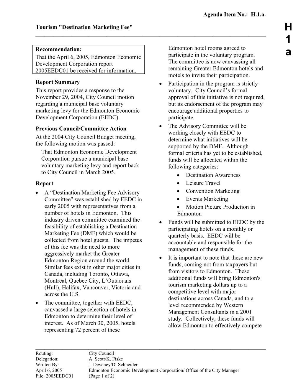 Report for City Council April 19, 2005 Meeting