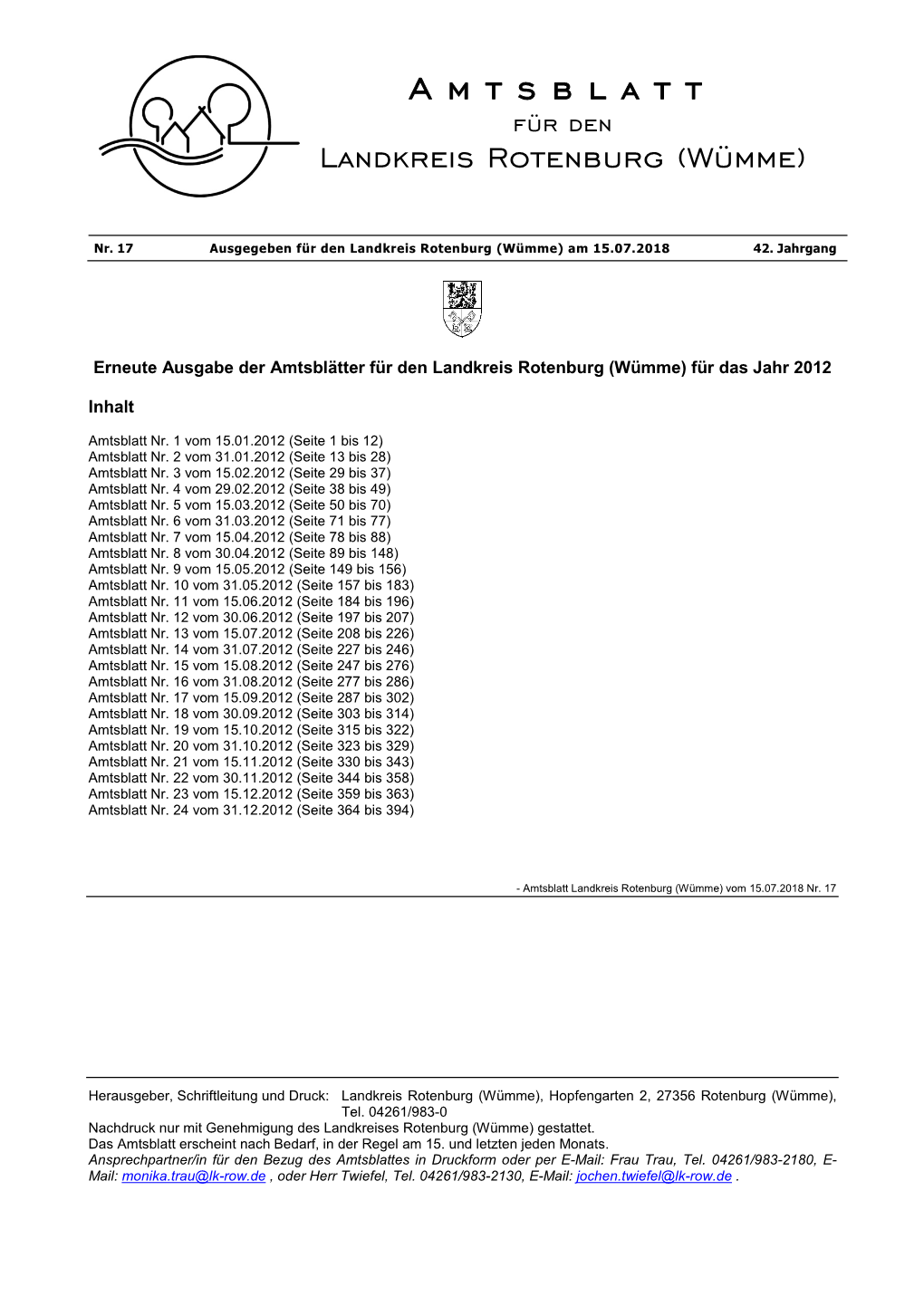 Amtsblatt Für Den Landkreis Rotenburg (Wümme)