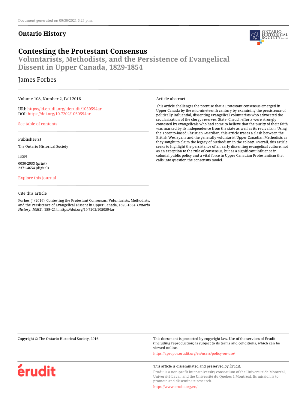 Contesting the Protestant Consensus: Voluntarists, Methodists, and the Persistence of Evangelical Dissent in Upper Canada, 1829-1854