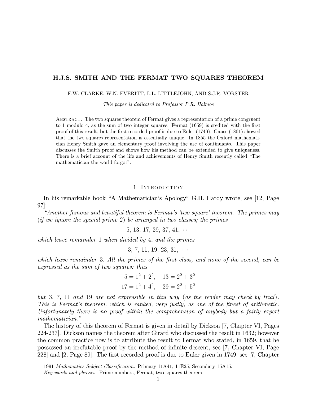 Hjs Smith and the Fermat Two Squares Theorem