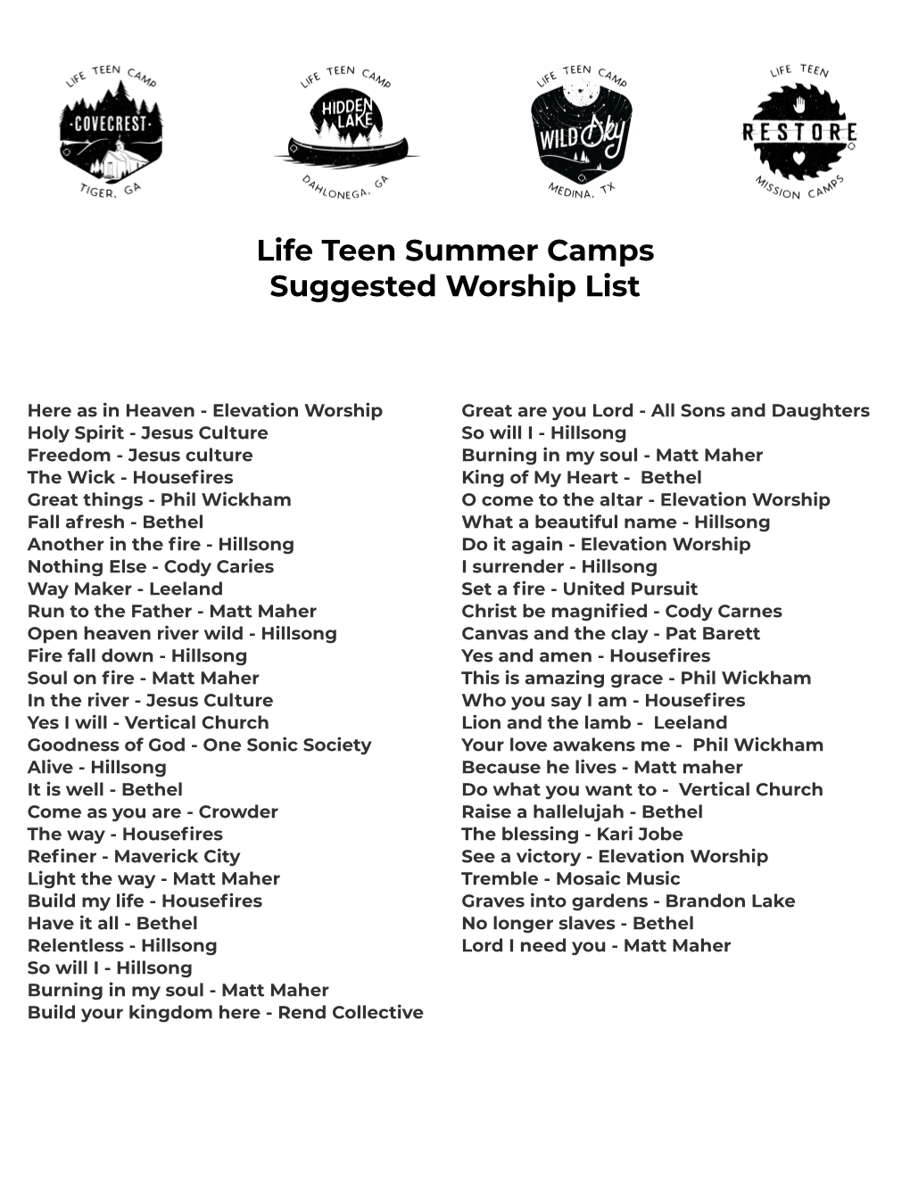 Suggested Worship List