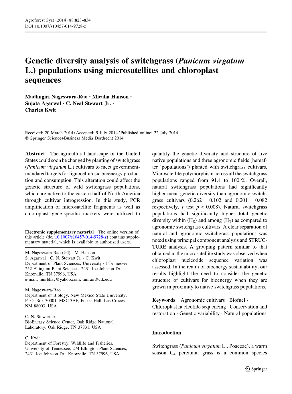 Genetic Diversity Analysis of Switchgrass (Panicum Virgatum L.) Populations Using Microsatellites and Chloroplast Sequences