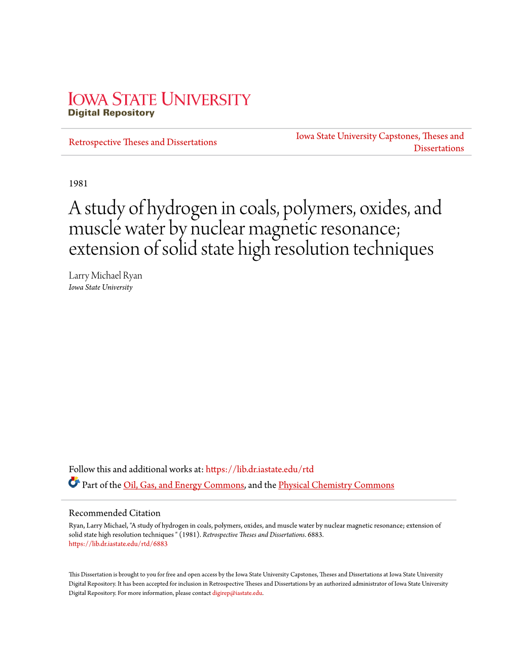 A Study of Hydrogen in Coals, Polymers, Oxides, and Muscle Water By