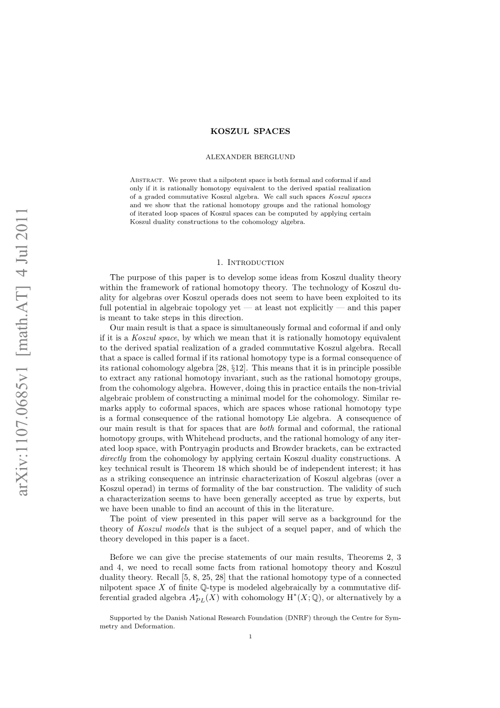 Koszul Spaces Spaces Rational Such Loop the Call Iterated S We That of Derived Show Algebra