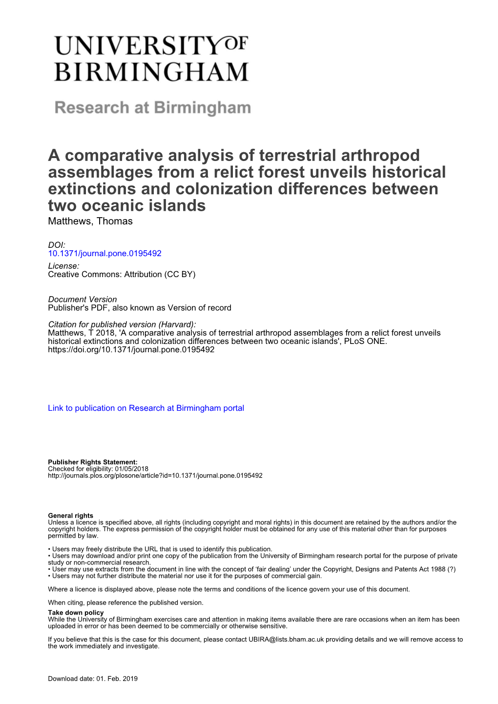 A Comparative Analysis of Terrestrial Arthropod Assemblages from a Relict