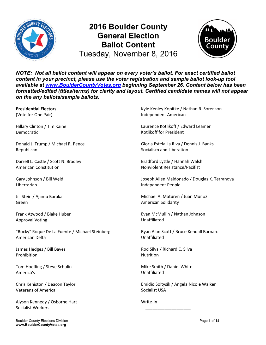 2016 Boulder County General Election Ballot Content Tuesday, November 8, 2016