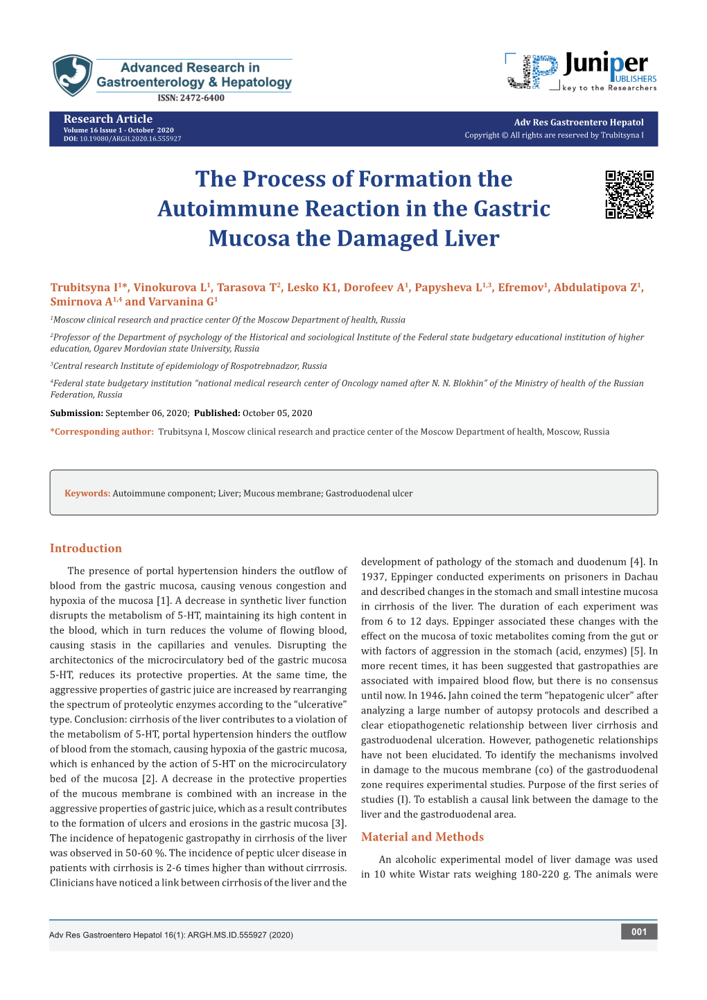 The Process of Formation the Autoimmune Reaction in the Gastric Mucosa the Damaged Liver