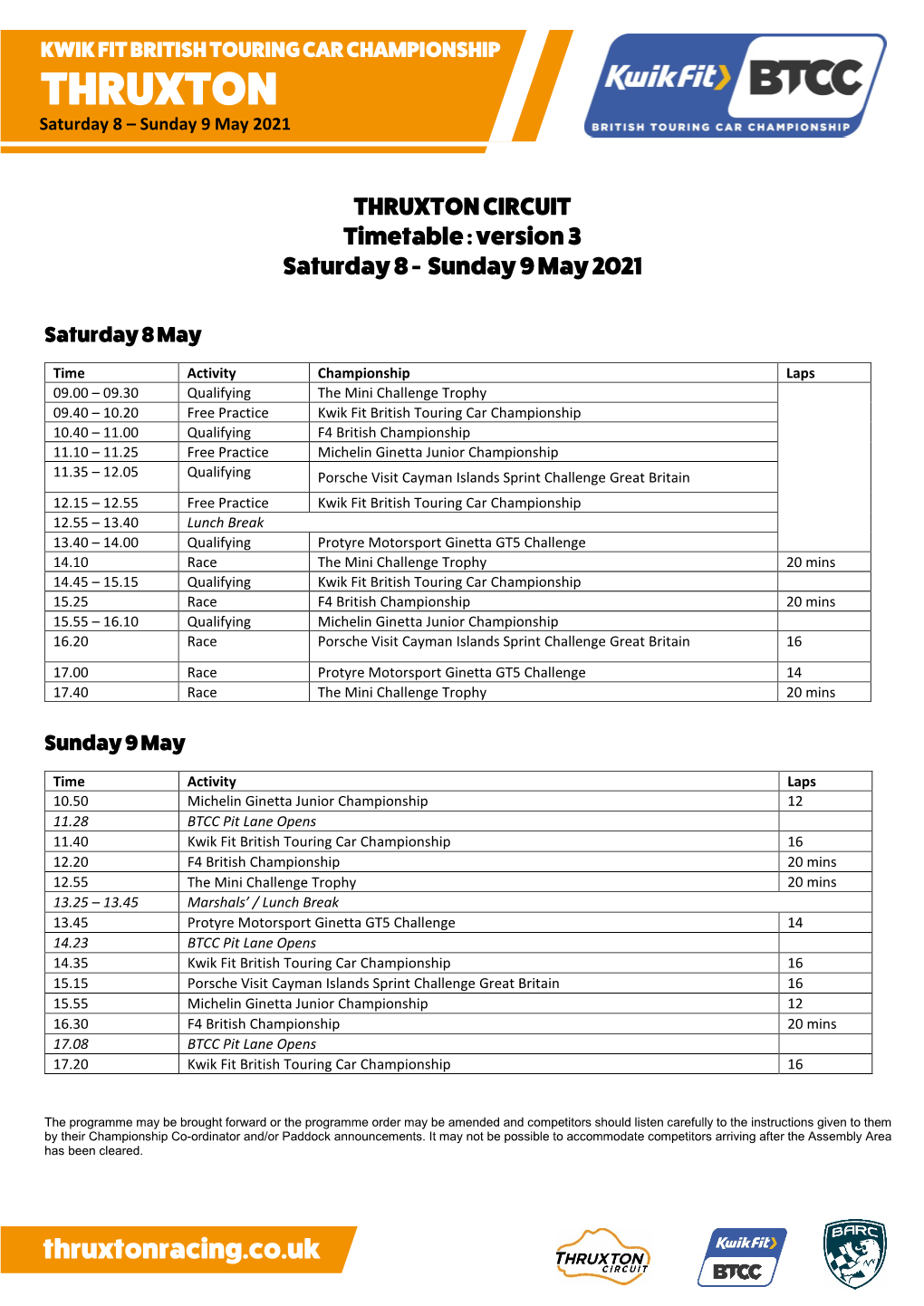 THRUXTON Saturday 8 – Sunday 9 May 2021