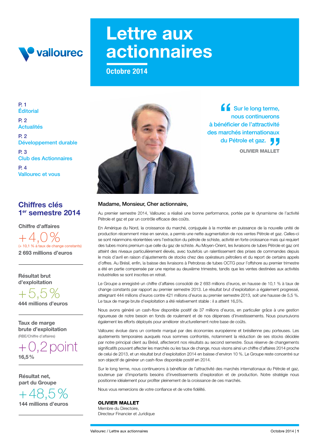 Lettre Aux Actionnaires Octobre 2014