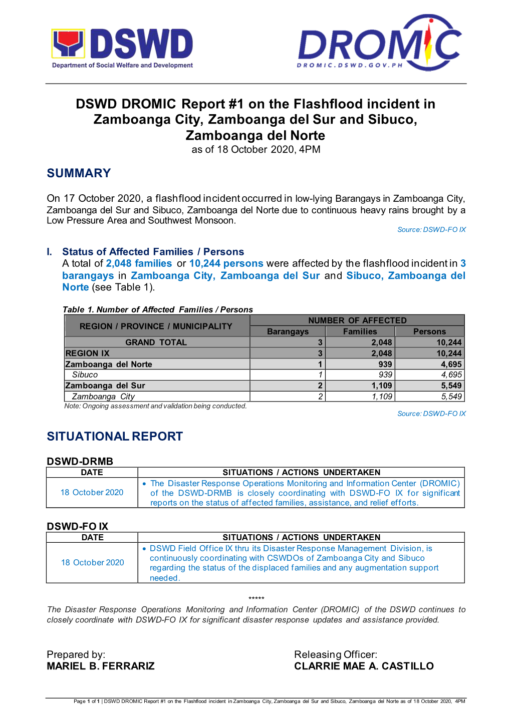 DSWD DROMIC Report #1 on the Flashflood Incident in Zamboanga City, Zamboanga Del Sur and Sibuco, Zamboanga Del Norte As of 18 October 2020, 4PM