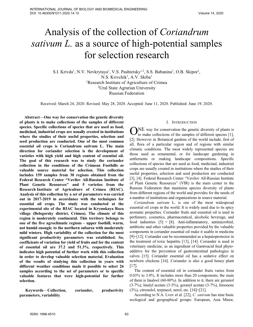 Analysis of the Collection of Coriandrum Sativum L. As a Source of High-Potential Samples for Selection Research