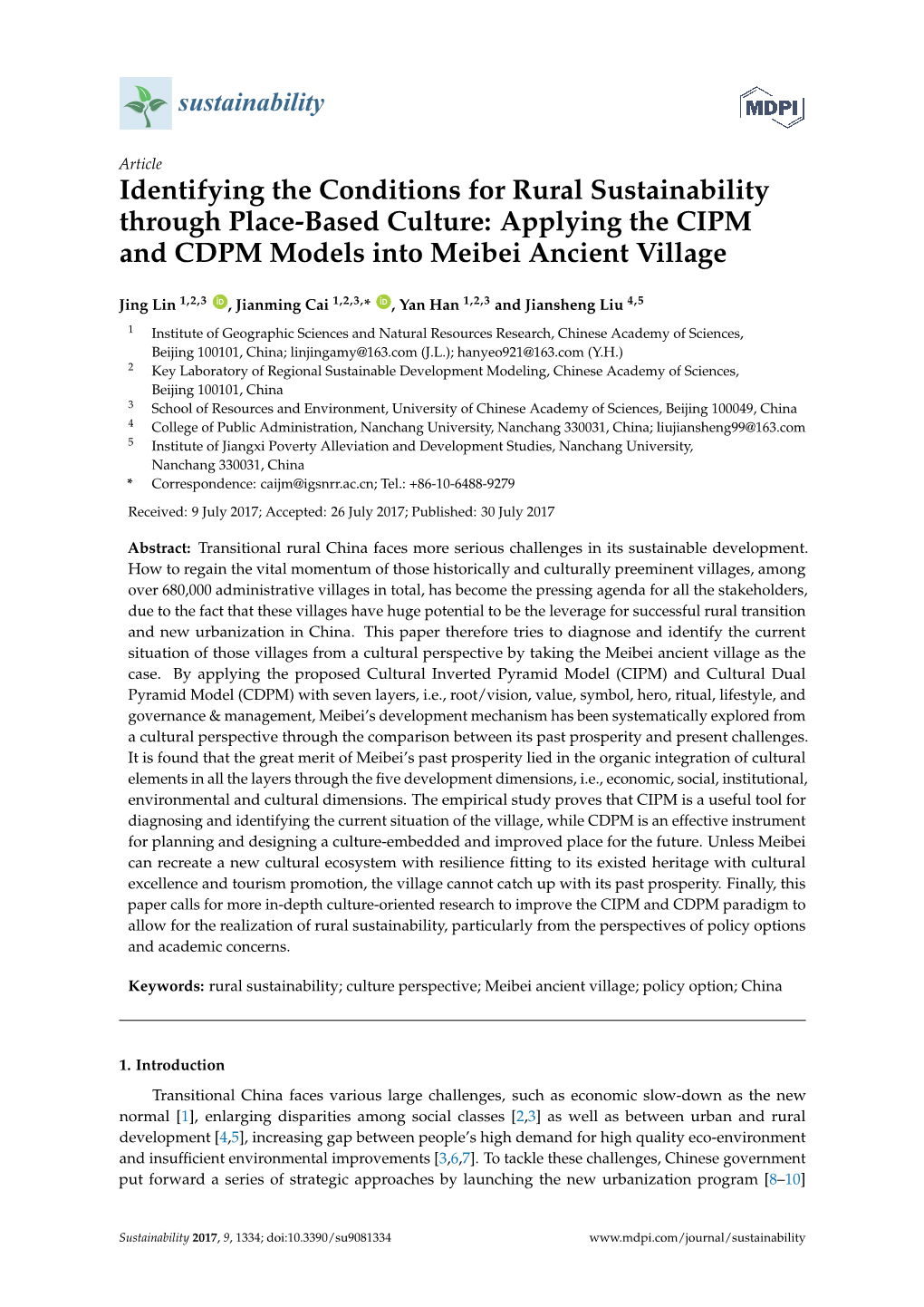 Identifying the Conditions for Rural Sustainability Through Place-Based Culture: Applying the CIPM and CDPM Models Into Meibei Ancient Village