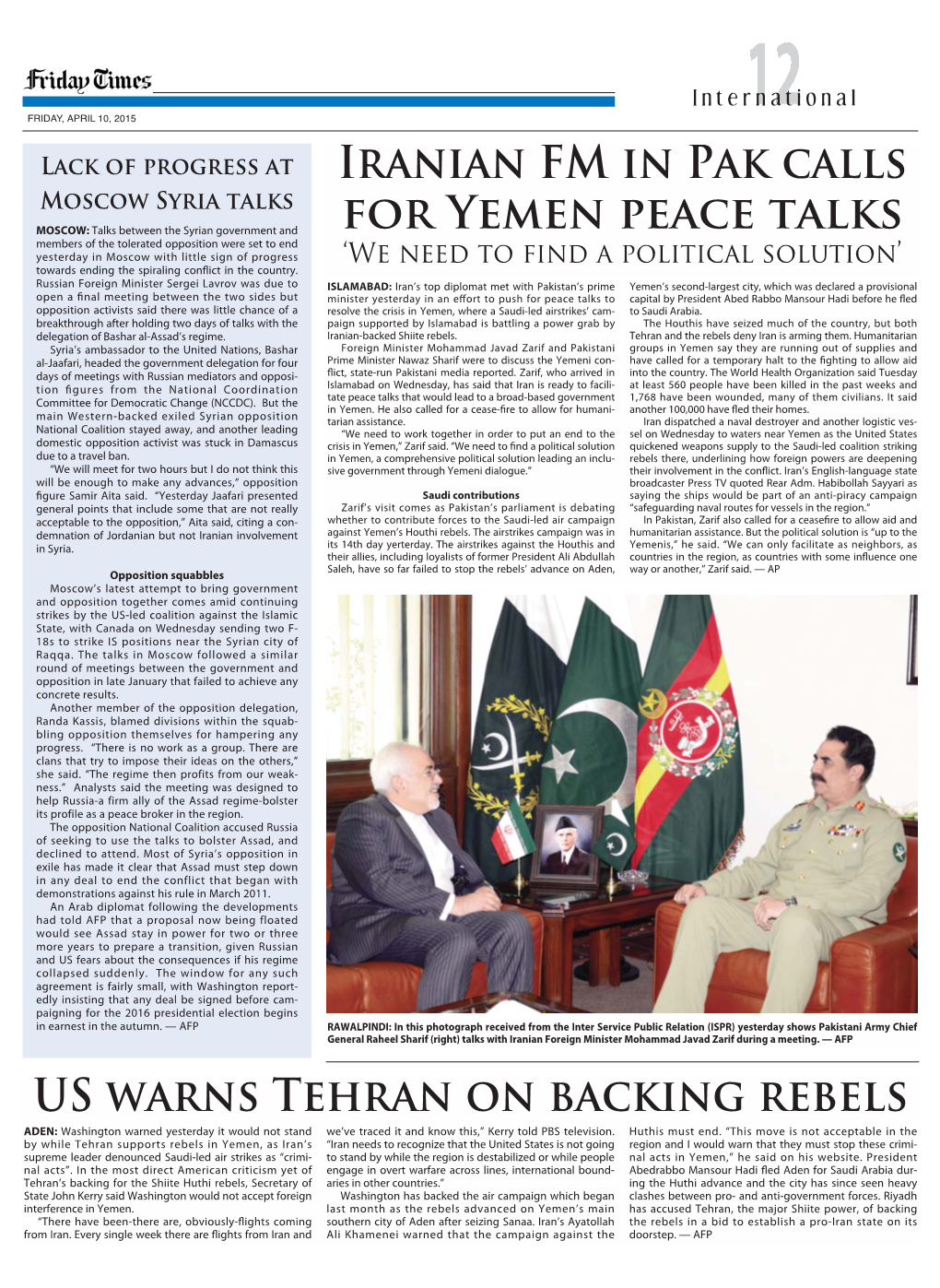 Iranian FM in Pak Calls for YEMEN Peace Talks US Warns