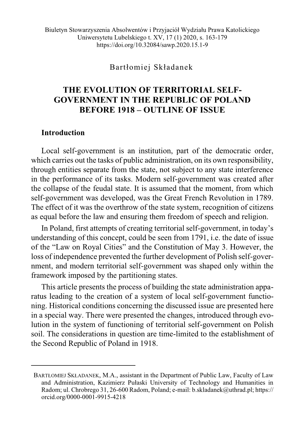 The Evolution of Territorial Self- Government in the Republic of Poland Before 1918 – Outline of Issue