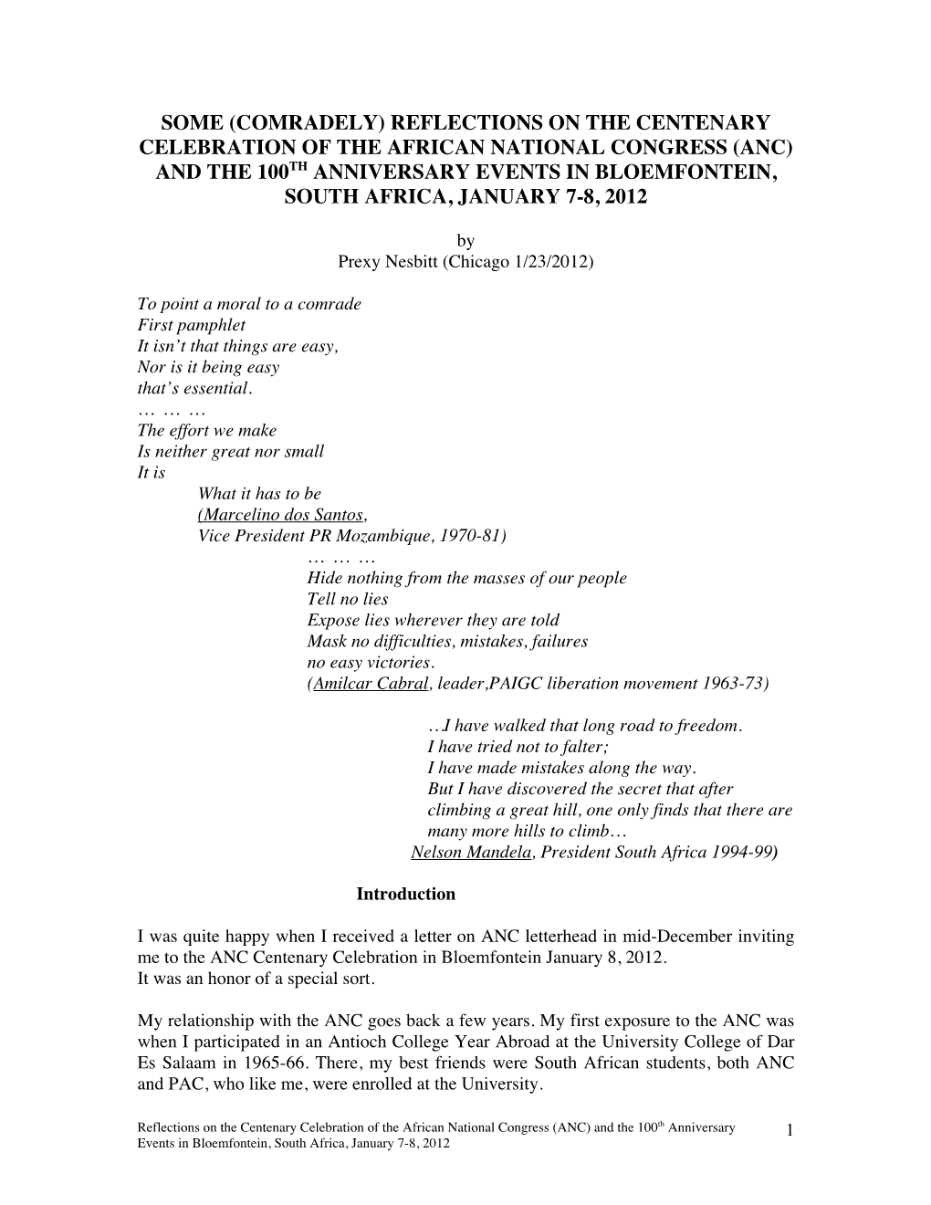 Reflections on the Centenary Celebration of the African National Congress (Anc) and the 100Th Anniversary Events in Bloemfontein, South Africa, January 7-8, 2012