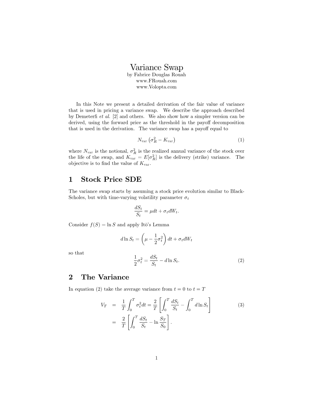 Derivation of a Variance Swap