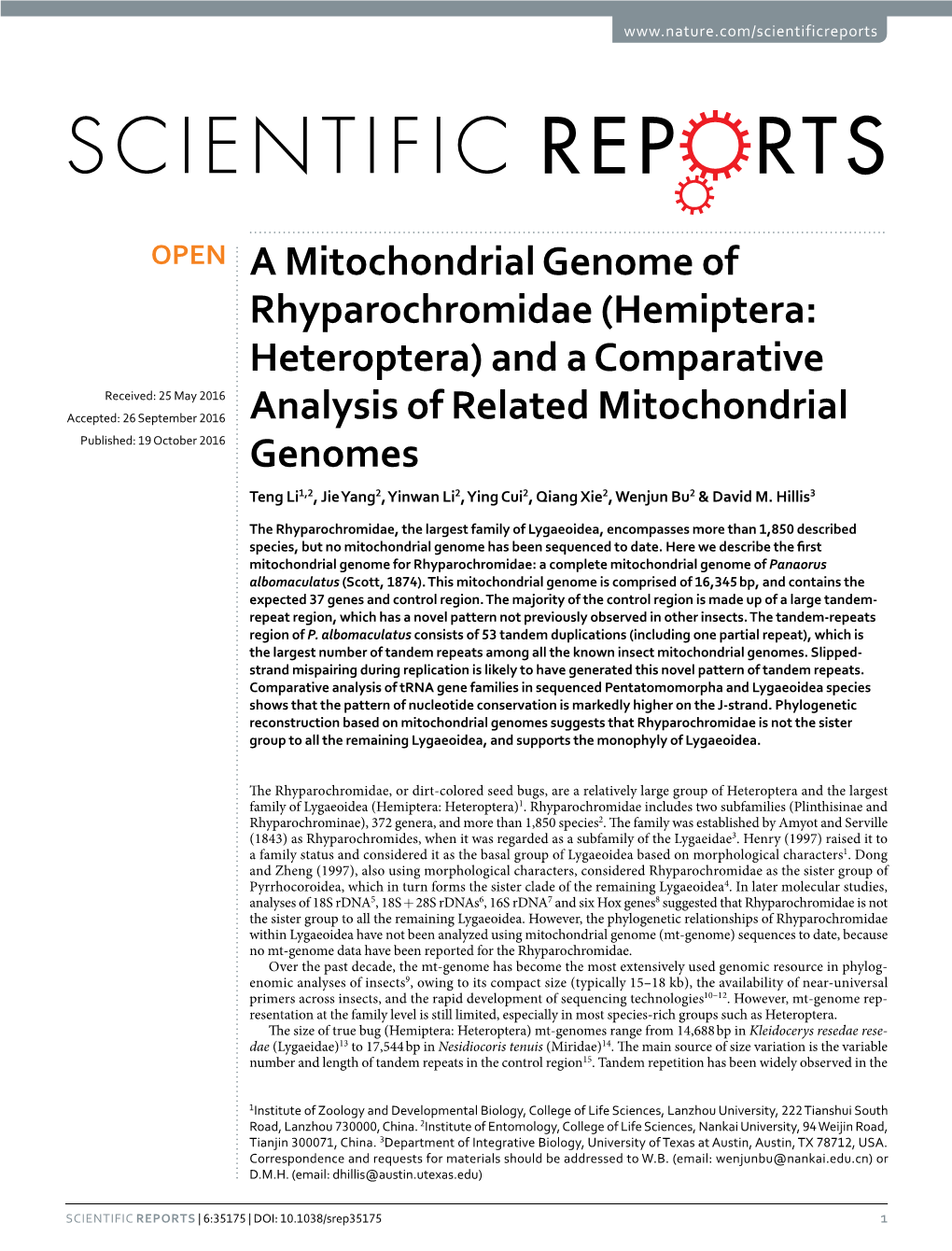 A Mitochondrial Genome of Rhyparochromidae